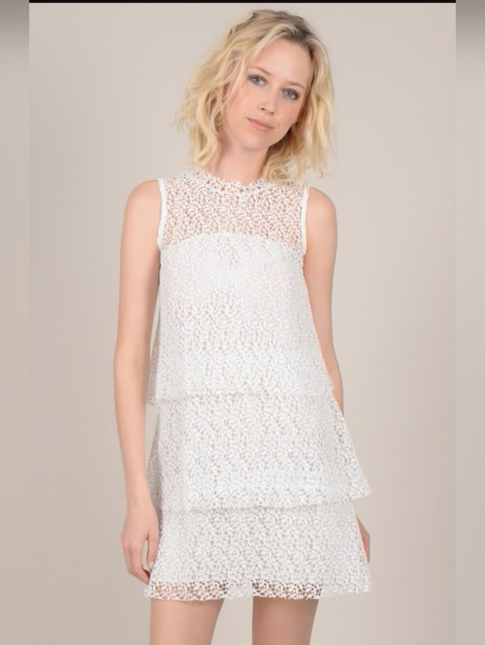NWT Molly Bracken Crochet Lace Tiered Midi Cocktail Dress Shift White Medium